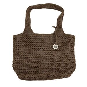 The Sak Brown Crochet Shoulder Bag‎ Tote Magnetic Snap Boho Knit Silver Charm